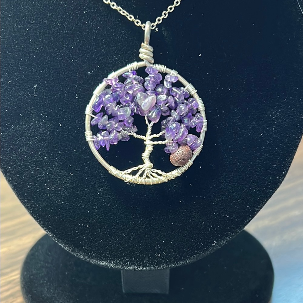 Silver Tree of Life Necklace with Purple Gemstones and diffuser stone